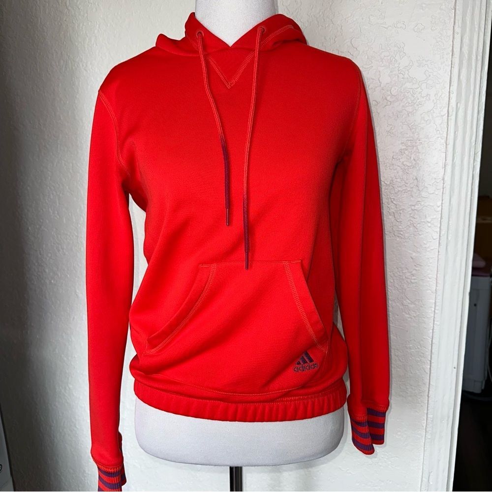 adidas red pullover fleece hoodie purple striped ribbed cuffs kangaroo pocket xs